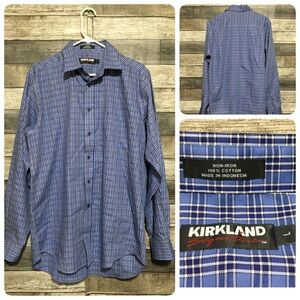 Kirkland Signature Non Iron Dress Shirt Men’s L Blue Plaid Button Up Cotton